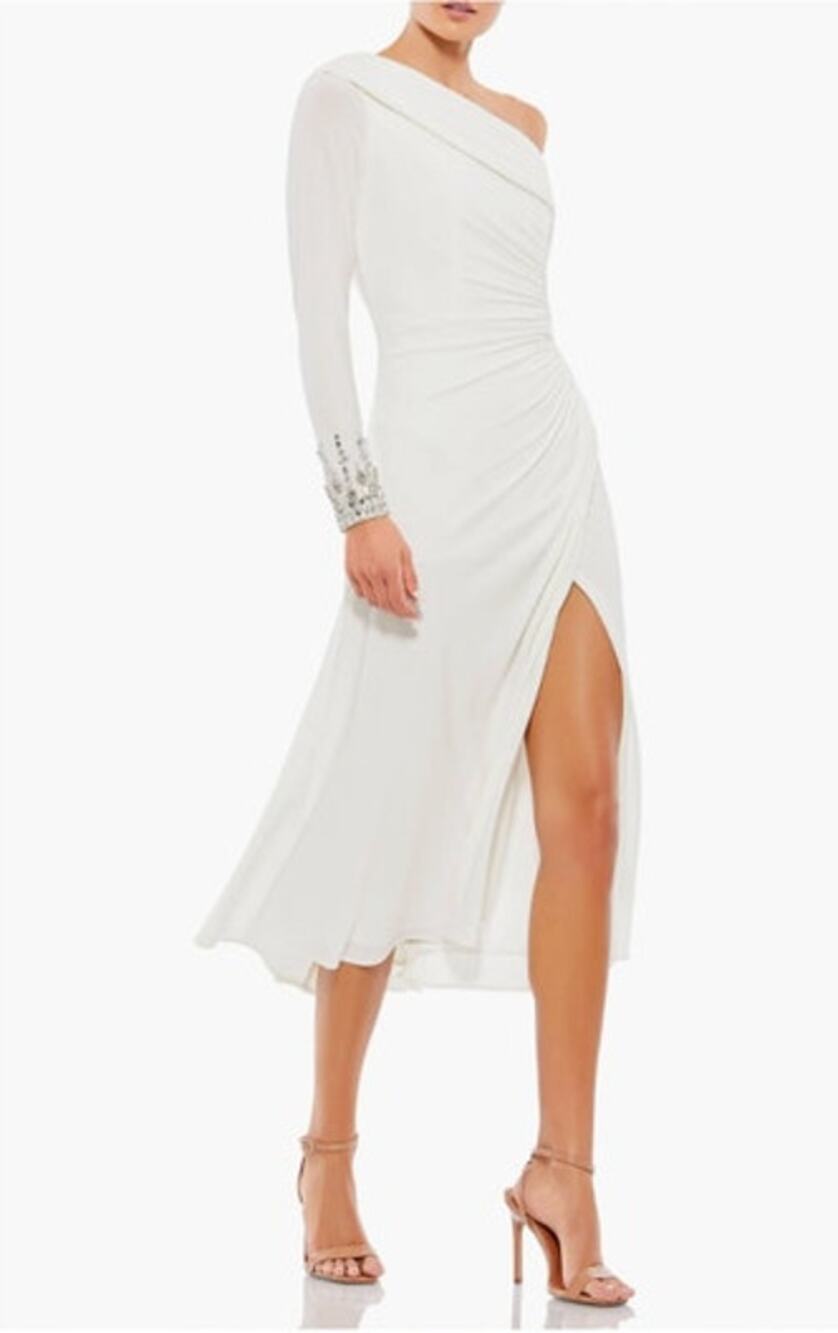 MAC DUGGAL Dress Size 0 Evening Gown NEW White One Shoulder Jewel Cuff Midi Flaw